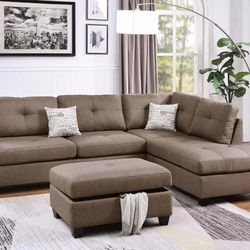 Brand New Mocha Sectional Sofa w Storage Ottoman 