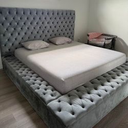 Queen Bed With Storage New Tufted Grey