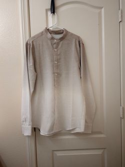 Men's Beige Band Collar Button-Up Long Sleeve Shirt Casual Minimalist