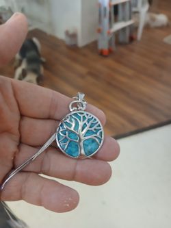 Tree Of Life Turquiose Rhodium Over Stirling Silver Pendant. 24" Chain