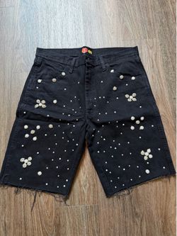 Black Rhinestone “GENUINE” Denim Shorts