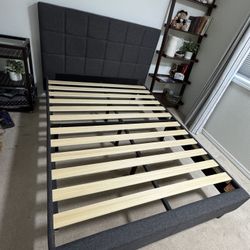 Full Bed Frame with Upholstered Grey Quilted Headboard