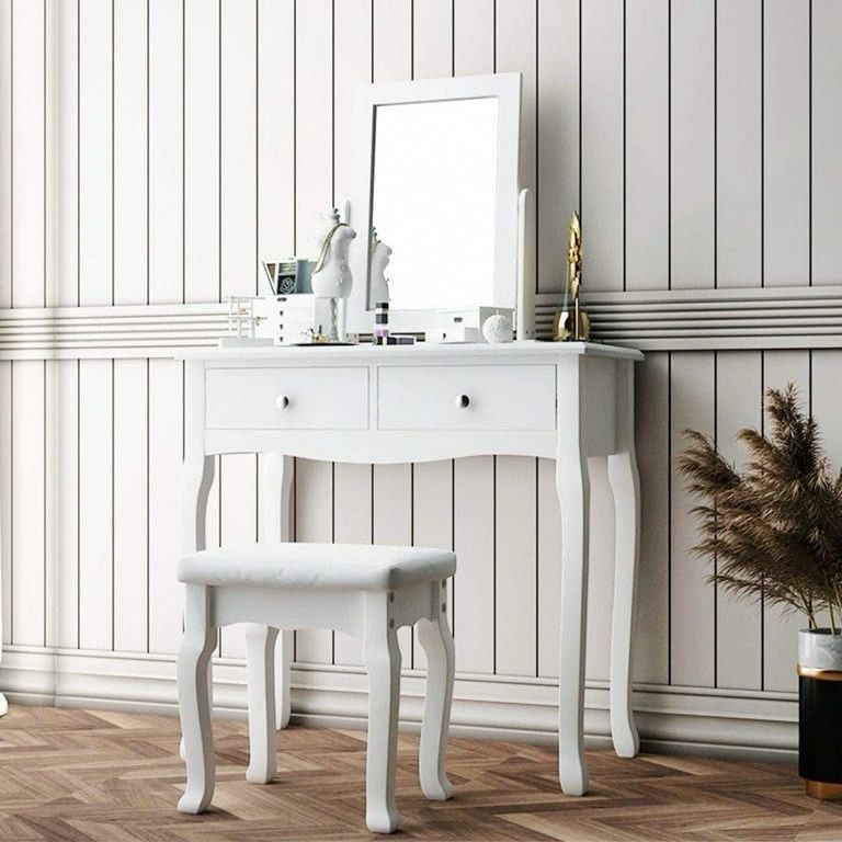 Fashion Makeup Vanity Table Set with Mirror & Stool, 2 Drawers- White