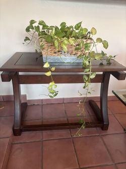 Solid Wood & Glass Desk / Console Table with Keyboard Tray – Excellent Condition