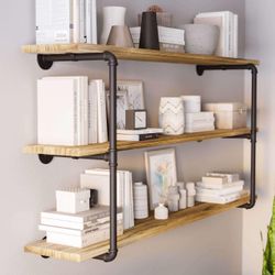 Industrial Pipe Wall Shelf 3-Tier Wood