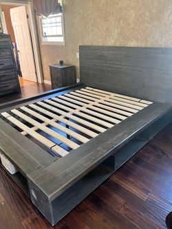 Dark Gray Wood Platform Bed Frame with Storage