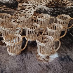 Rattan Tumbler Holders, Vintage Woven Cup Holder Lot, 9 Wicker Boho Cup Holders w/Handles