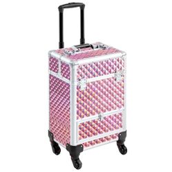 Rolling Aluminum Makeup Train Case Cosmetic Trolley with 4 Side Trays & 1 Slide-out Drawer, Glitter Pink
