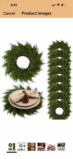 Christmas Round Placemat Set of 12 Artificial Cedar Wreath Charger Circular Xmas Mats, Artificial Greenery Branch Place Mats, Winter Fake Cedar table
