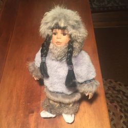 Beautiful Doll On Stand, 13” Tall & Accessories of Sterling Bear Studs & Dog & Sled wires