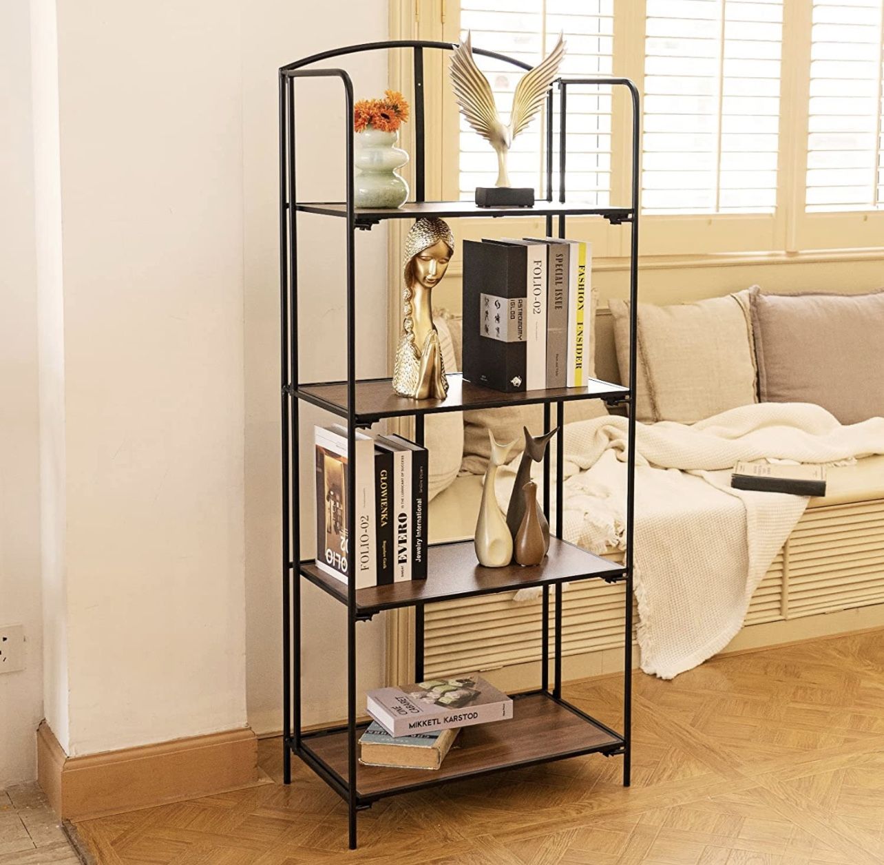 Crofy No Assembly Folding Bookshelf, 4 Tier Black Bookshelf, Metal Book Shelf for Storage, Folding Bookcase for Office Organization and Storage, 12.6