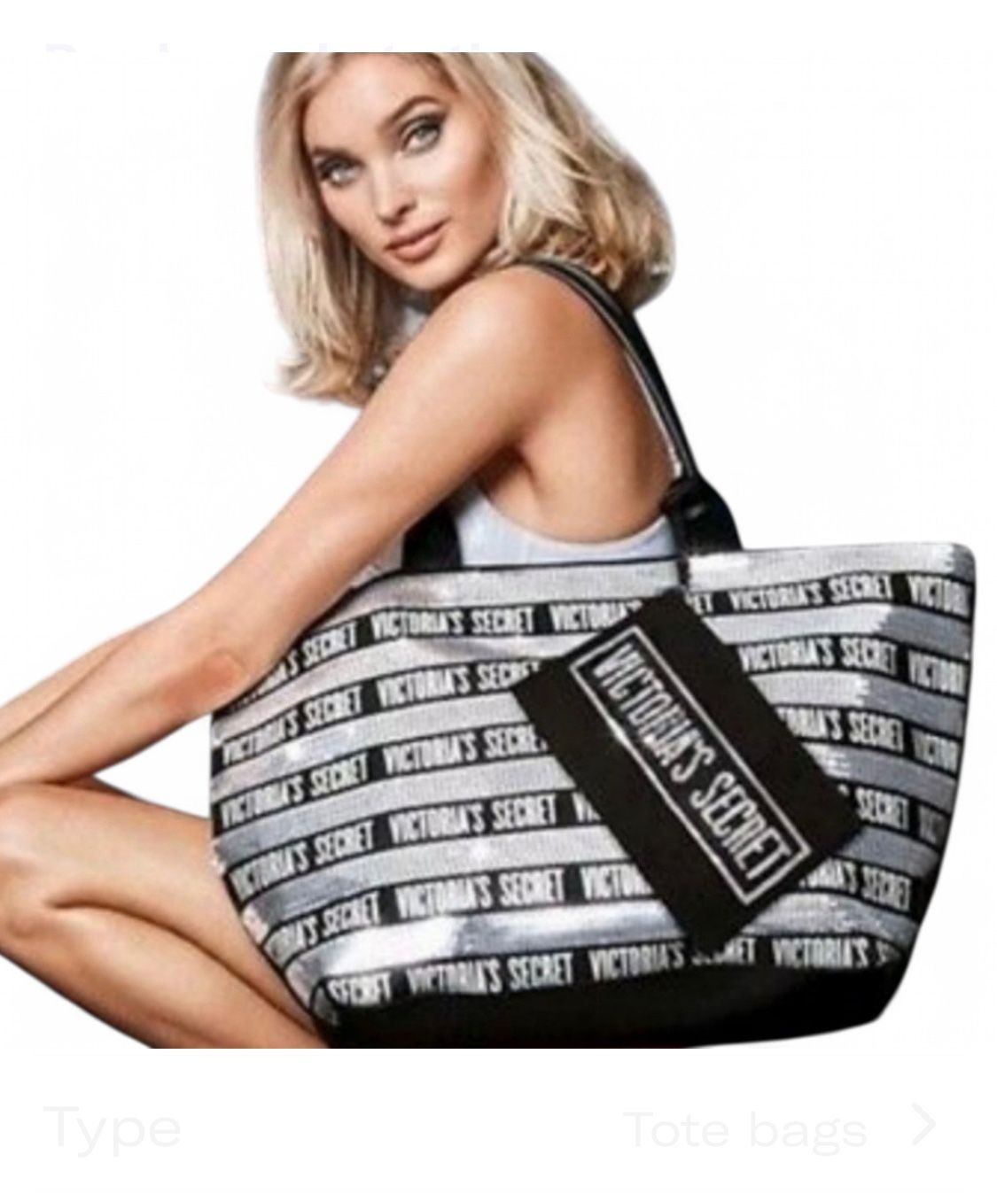 Victoria's Secret silver and black tote bag #glam 100% canvas SIZE: 16”H x 7”L x 15”W