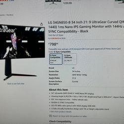 LG 34GN850-B 34 Inch 21:9 UltraGear Curve Gaming Monitor