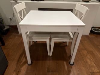 IKEA Ekedalen Extendable Table + 2 White Ingolf Chairs & Cushions