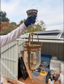 Antique Circa 1920s Brass & Glass Hanging Chandelier / Lantern