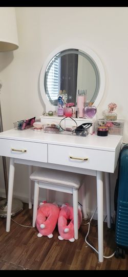 White Makeup Vanity with Color-Changing LED Mirror & Stool