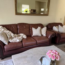 Brown Leather Sofa + Loveseat Set