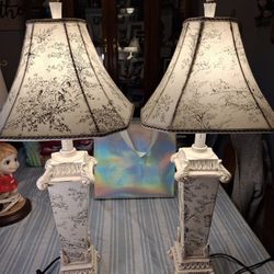  BEAUTIFUL RARE  TYPE  TABLE LAMPS  THESE HAVE  CLOTH  SHADES AND  CLOTH CENTER  VERY DIFFERENT  WITH  CHILDREN  PLAYING 