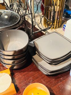 Black and Gray Dinnerware Set with Bowls and Plates