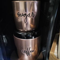 A Set Of 2 Different Sizes Copper With Black Lids Vintage Coffee ☕️ Sugar Containers 