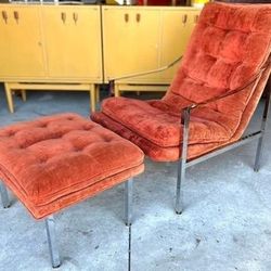 Vintage Milo Baughman From Thayer Coggin Chrome Metal Lounge Scoop Regency Lounge Chair With Ottoman 