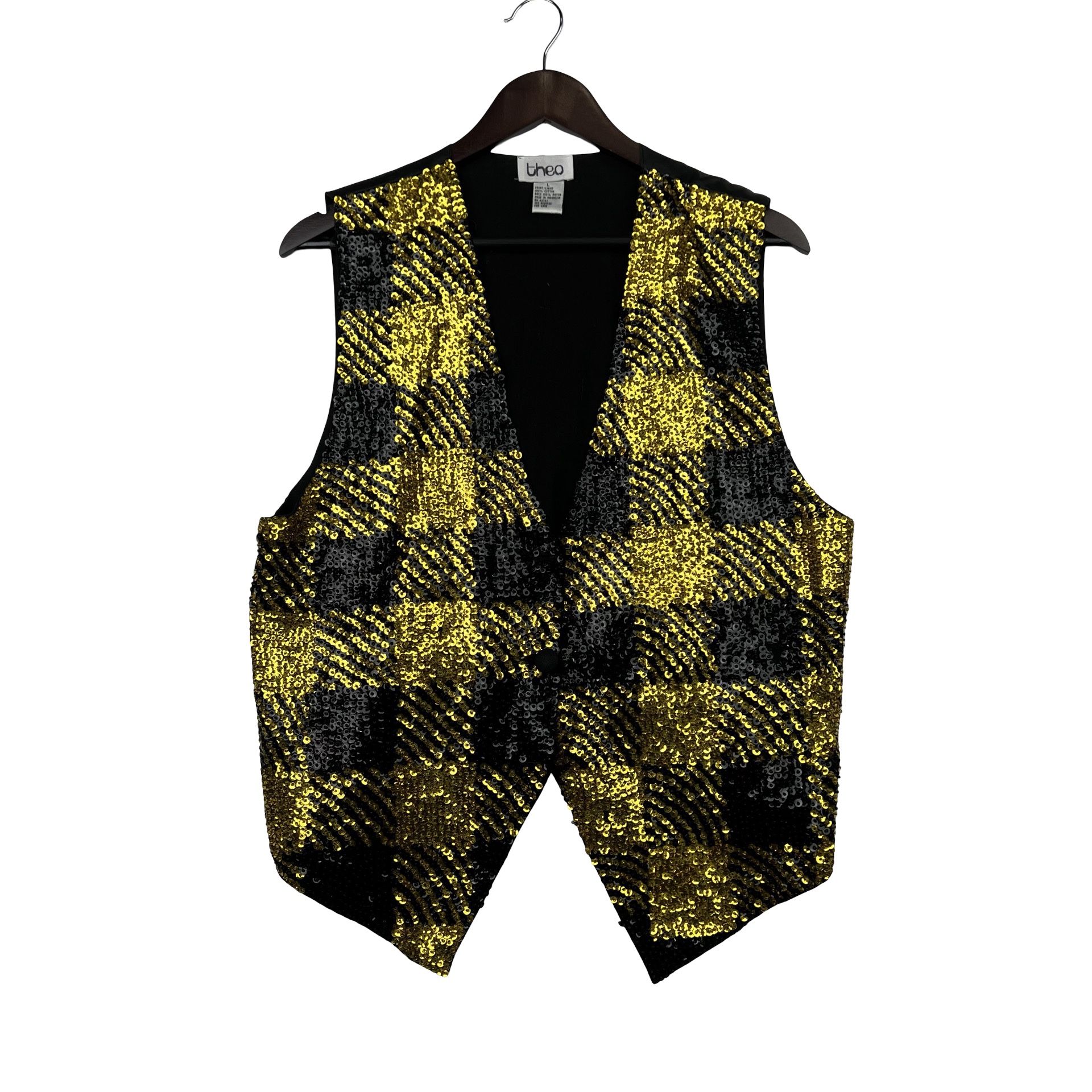 Theo Plaid Sequin Black and Yellow Button Up Vest -L-