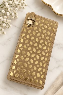 Gold Dot Print Long Wallet with Clasp