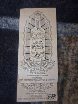 Top of Tacoma Bar $75 Gift Certificate