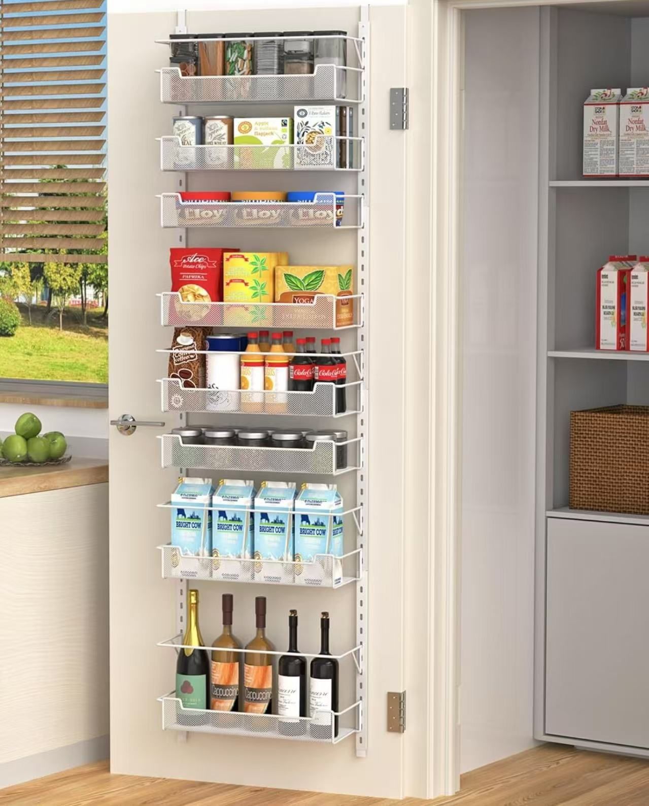 8-Tier Over the Door Pantry Organizer, White Adjustable Basket Pantry Door Organization Pantry Kitchen Storage Room Spice Rack