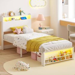 New 丨 Twin Bed Frame w/ LED Lights, Storage Headboard, USB+Type-C, White
