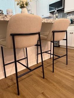 Set of 2 Beige Upholstered Counter Height Bar Stools – Black Metal
