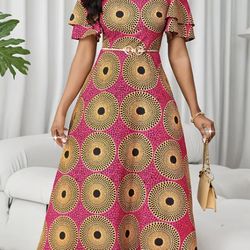 Women's Fashion New Arrival, Vintage Print Waist-cinching Maxi Dress, Suitable for Commuting and Dates