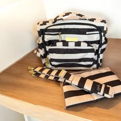 JuJuBe B.F.F Multi-Functional Convertible Diaper Backpack/Messenger Bag, Black and White Stripes In