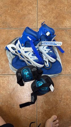 Blue Inline Roller Skates with Knee Pads and Bag