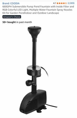 0GPH Submersible Pump Pond Fountain with Inside Filter and RGB Colorful LED Light, Multiple Water Fountain Spray Nozzles Kit for Garden PondIndoor and
