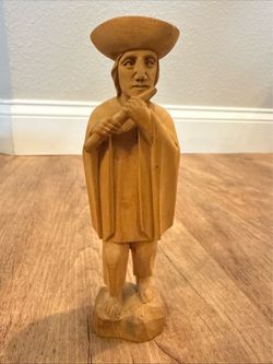 Vintage Hand Carved Wooden Man With Flute Figurine Ecuador Folk Art Sculpture 7”