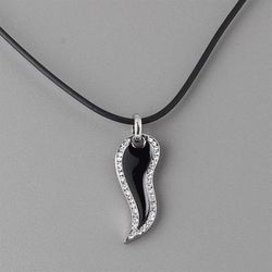 Edgy Austrian Crystal Black Enamel Pendant Rubber Cord Necklace