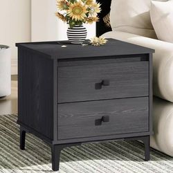 ✨2x Nightstand with Drawers, Wood Bedside Table Farmhouse 2 Drawer End Table for Bedroom, Boho Night Stand Small Sofa Side Table for Living Room, Blac
