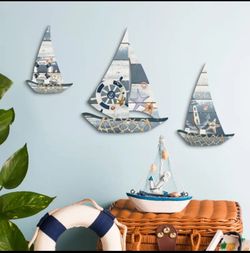 Harbor Fleet: 3-Piece Weathered Blue Sailboat PVC Wall Decor Set