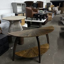 Retro Mid-Century Modern Half-Moon Wood Sofa Console Table with Lower Shelf