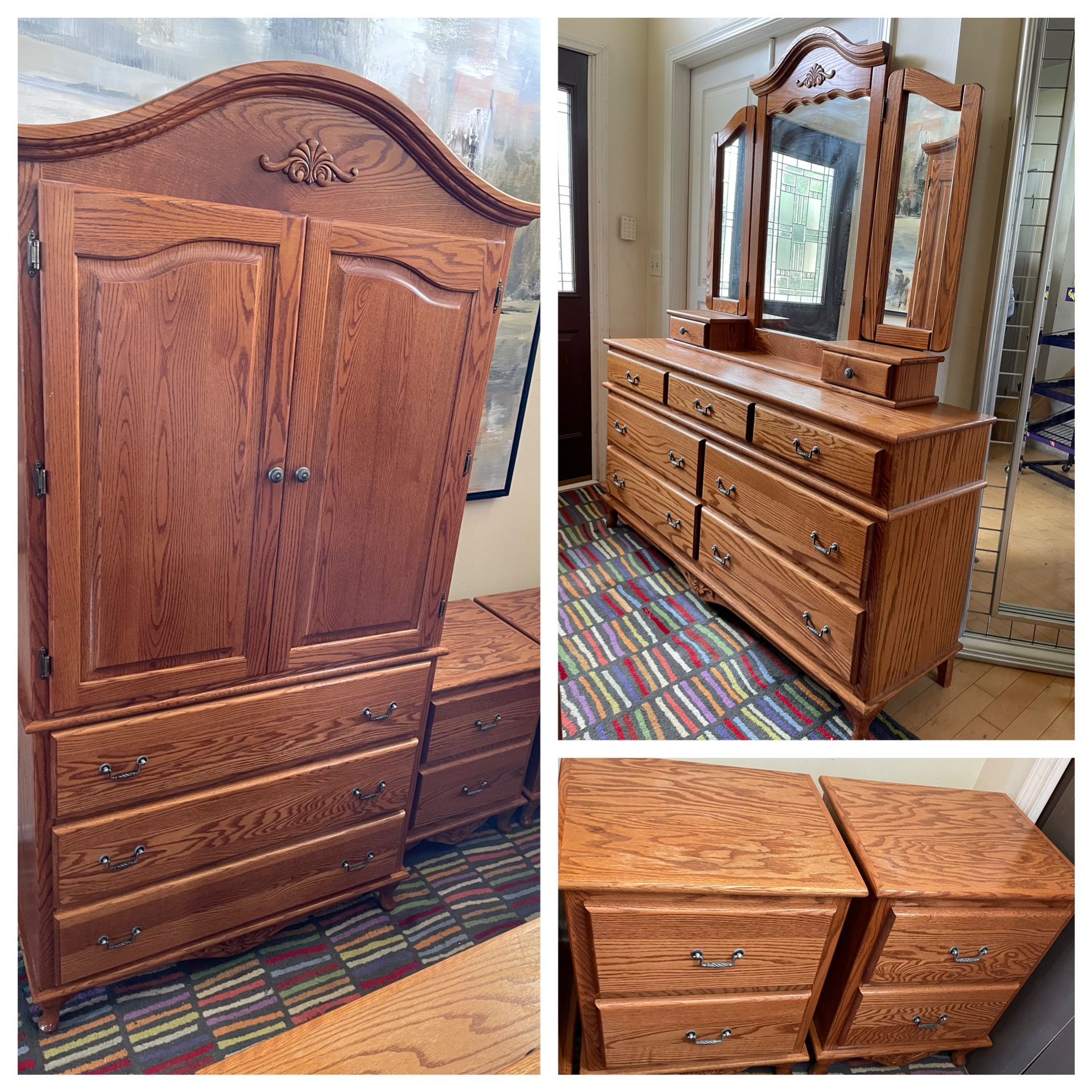 Penny Mustard (P.M Gallery) Solid Oak Armoire, 2 Nightstand, 7 Drawer Dresser and Mirror