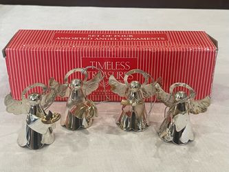 Set of 4 assorted silverplated and gold style angel ornaments by Timeless Treasures.