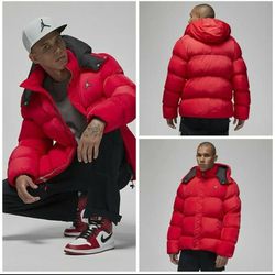 Nike Air Jordan Men's Red Puffer Jacket Size 2XL Full Zip Hooded Authentic New 