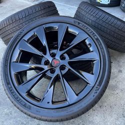 21” Tesla Model S Twin Turbine Gloss Black Wheels Rims Tires TPMS OEM