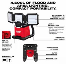 Milwaukee M18 18-Volt Lithium-Ion Cordless 4500 Lumens ROVER Dual Power Triple-Panel Flood & Area Light & M18 REDLITHIUM CP2.0 battery