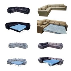 NEW 7X9FT SECTIONAL WITH SLEEPER COUCHES.  PAISLEY BLACK, PRINT FABRIC,  VELVET CHARCOAL FABRIC.  MEDIUM  PARCHMENT  LEATHER  Sofas / More Color Avail