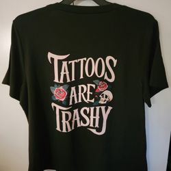 Black short-sleeved t-shirt with a "Tattoos Are Trashy" graphic print with roses and a skull. Size 2XL