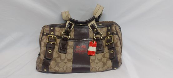 Y2K Vintage Coach Heritage Brown Stripe XL DBL Zip Horse Carriage 11564 Satchel
