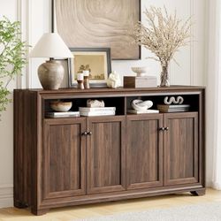 C292 $125  60 Inches Sideboard Buffet Cabinet with Storage and 4 Doors, Brown Large Sideboard Kitchen Cabinet with Open Shelf & Adjustable Shelf, Kitc