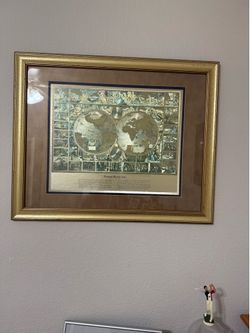 Office decorations: piscator world map31x25”; Blaeu wall map 30x26; and gold foil map of the world